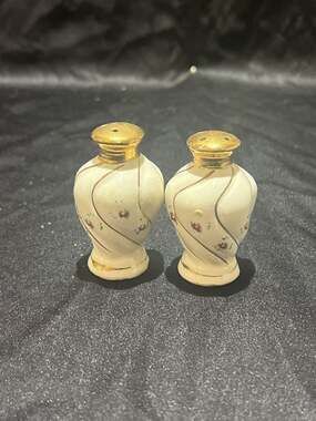 Vintage Porcelain Floral Salt and Pepper Shakers with Gold Trim, Made in Japan